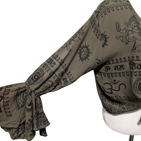Rhea Womens Size L/XL Olive Green Hindu Ganesh Tie Front Flare Cuff Crop Top - Picture 6 of 11